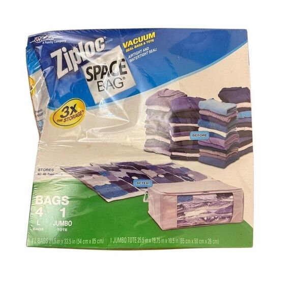 NEW Ziploc Vacuum Seal Space Bags 4 Large Bags & 1 Jumbo Tote Space Saver - Picture 1 of 5